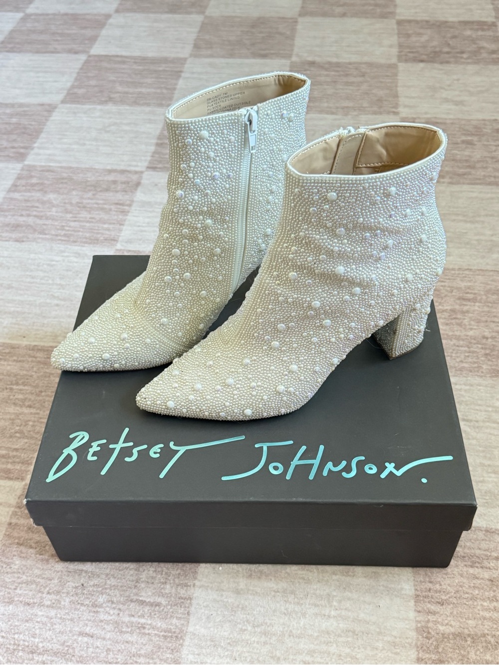 Betsey Johnson Cady Ivory Pearl-Embellished Pointed Ankle Boots